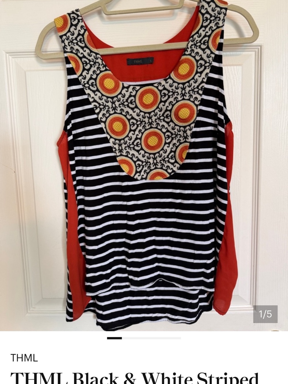 THML Black & White Striped Tank with Orange Patterned Yoke